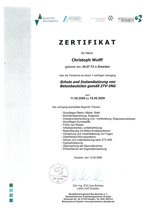 Zertifikat: Schutz und Instandsetzung von Betonbauteilen gemäß ZTV-ING
