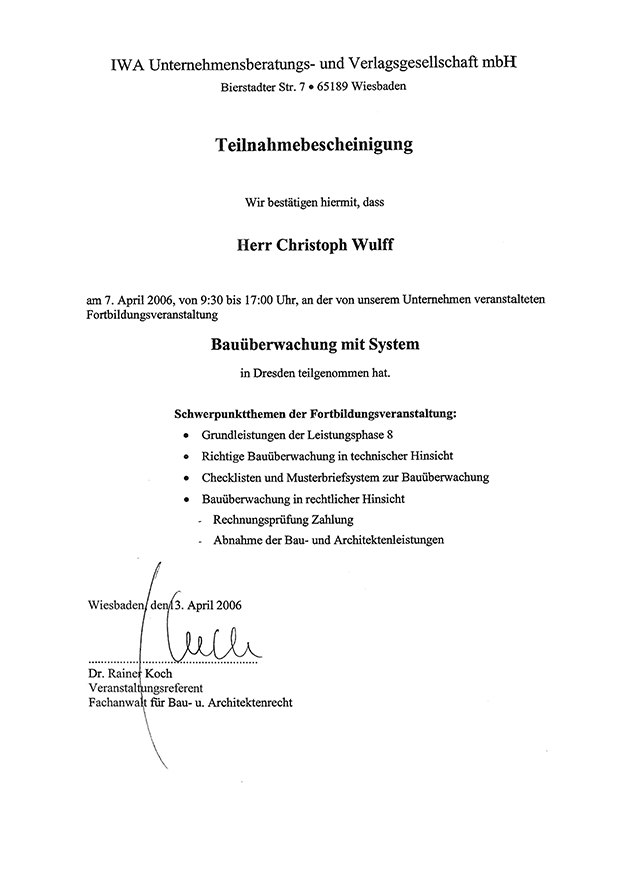 Teilnehmebescheinigung: Bauüberwachung mit System