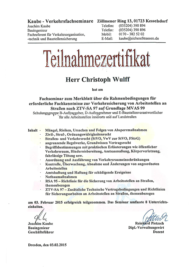 Teilnehmerzertifikat: Verkehrssicherung von Arbeitsstellen an der Straße