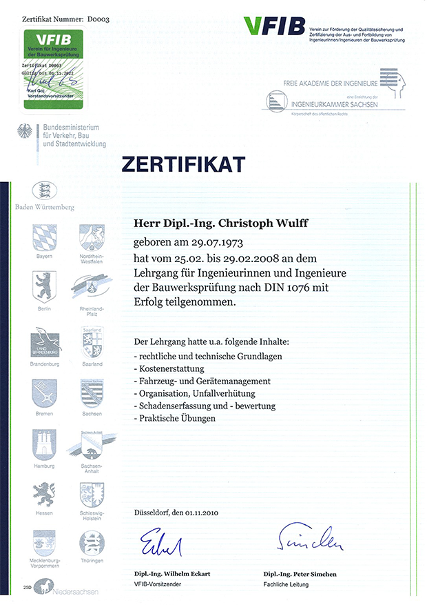 Zertifikat: Lehrgang für Ingenieurinnen und Ingenieure, Bauwerksprüfung