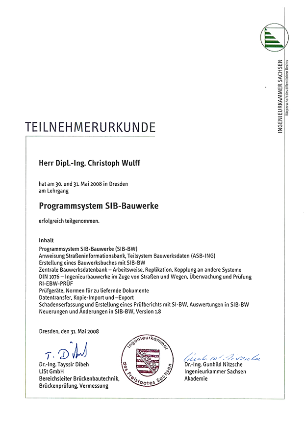 Teilnehmerurkunde: Programmsystem SIB-Bauwerke