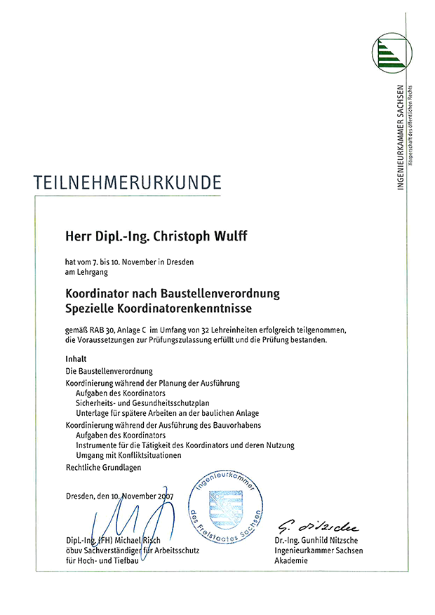 Teilnehmerurkunde: Koordinator nach Baustellenverordnung - Spezielle Koordinatorenkenntnisse