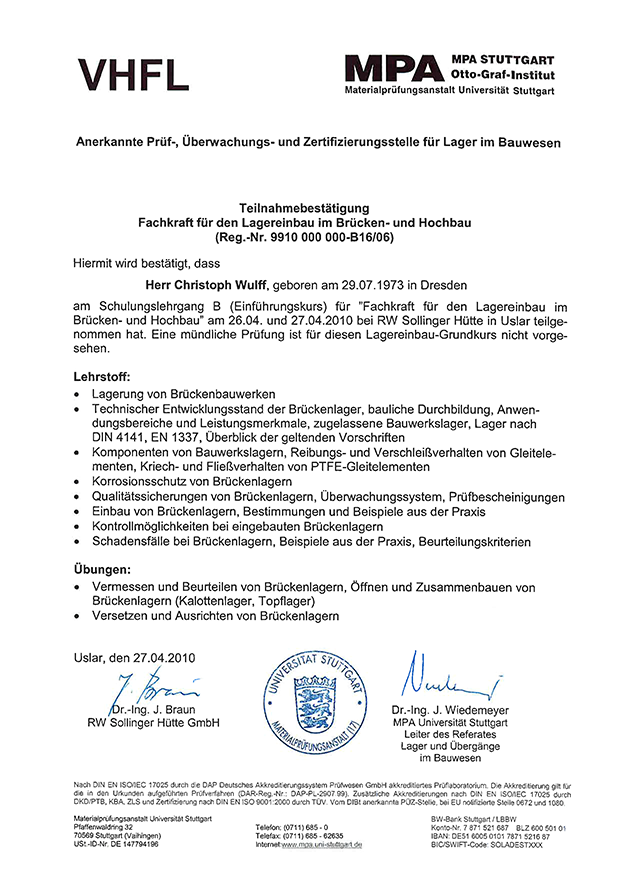 Teilnahmebestätigung: Fachkraft für den Lagereinbau im Brücken- und Hochbau